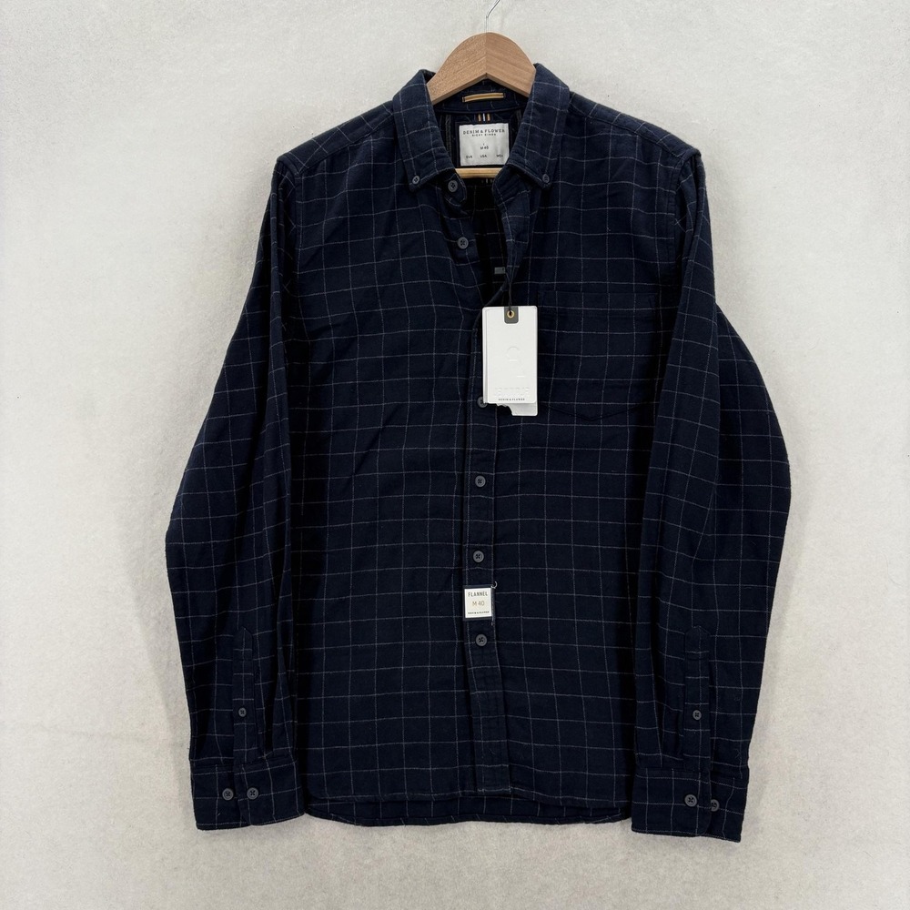 Denim & Flower Shirt Mens Medium Blue Check Flannel Long Sleeve Button Up NWT